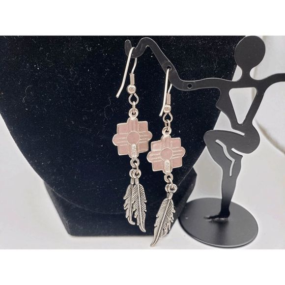 Silver-tone and Turquoise Red/Orange Square w/Feathers Earrings - 2.75" inches - Picture 2 of 4